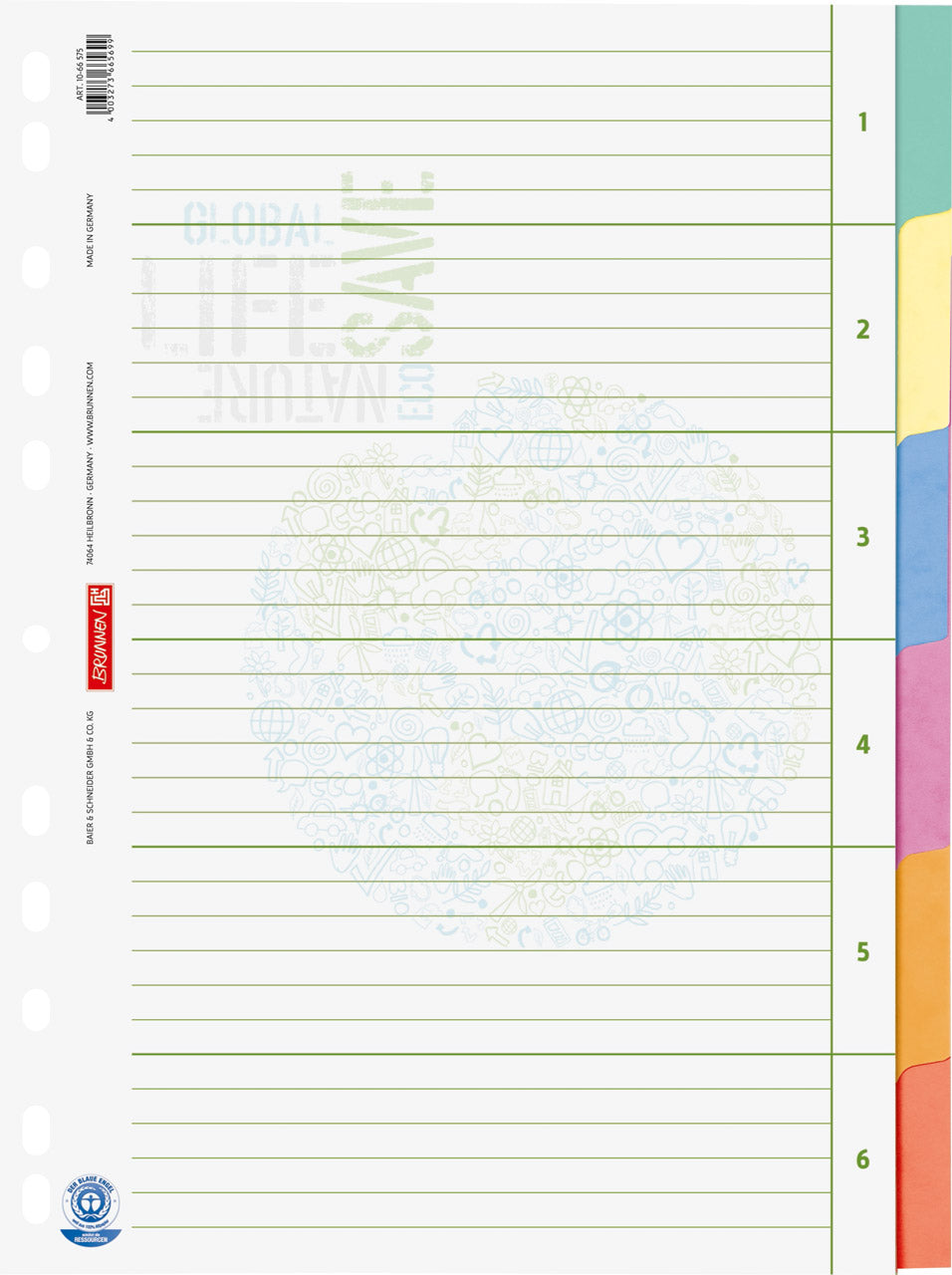 Brunnen Ringbuchregister - A4 - 6tlg - 6 Farben - Recycling