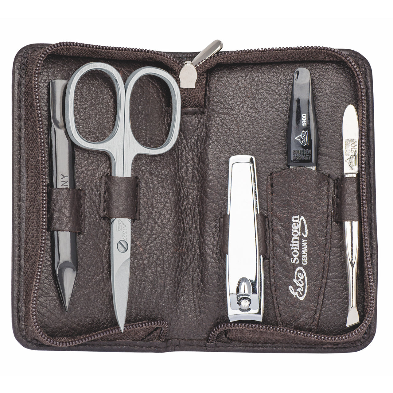 Erbe-Manikuere-Set-5-tlg-Linkshaender-Reissverschluss-9012-RV-Etui-braun-offen-online-kaufen-lafueliki