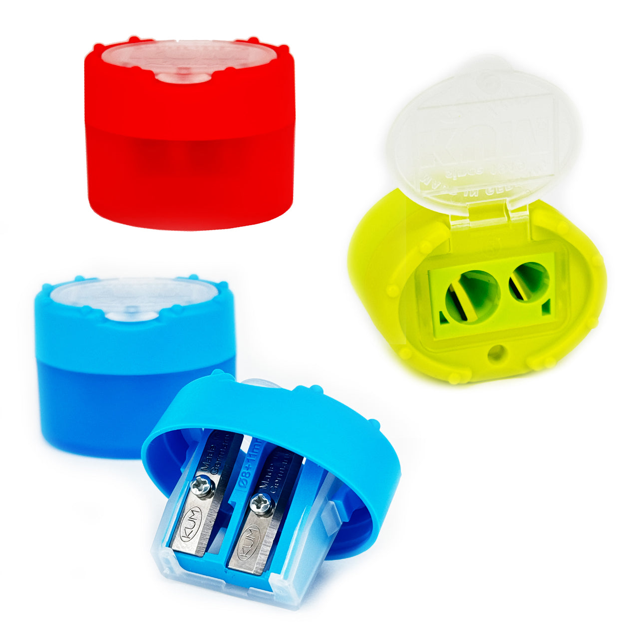 KUM-Anspitzer-mit-Behaelter-fuer-die-Schule-2Fach-Click-Clack-Rechtshaender-dicke-duenne-Stifte-Dosenspitzer-lafueliki