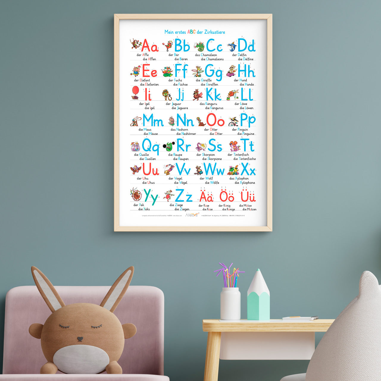 Lernposter-Din-A2-Mein-erstes-ABC-der-Zirkustiere-mit-Deko-an-der-Wand-Alleovs-lafueliki