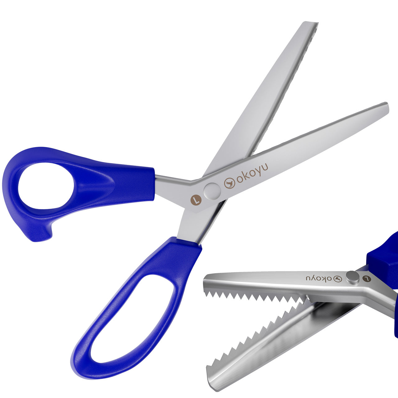 Das ist ein Bild der Zackenschere für Linkshänder mit blauen ergonomischen Griff für Stoff, Papier, Tonkarton und Leder