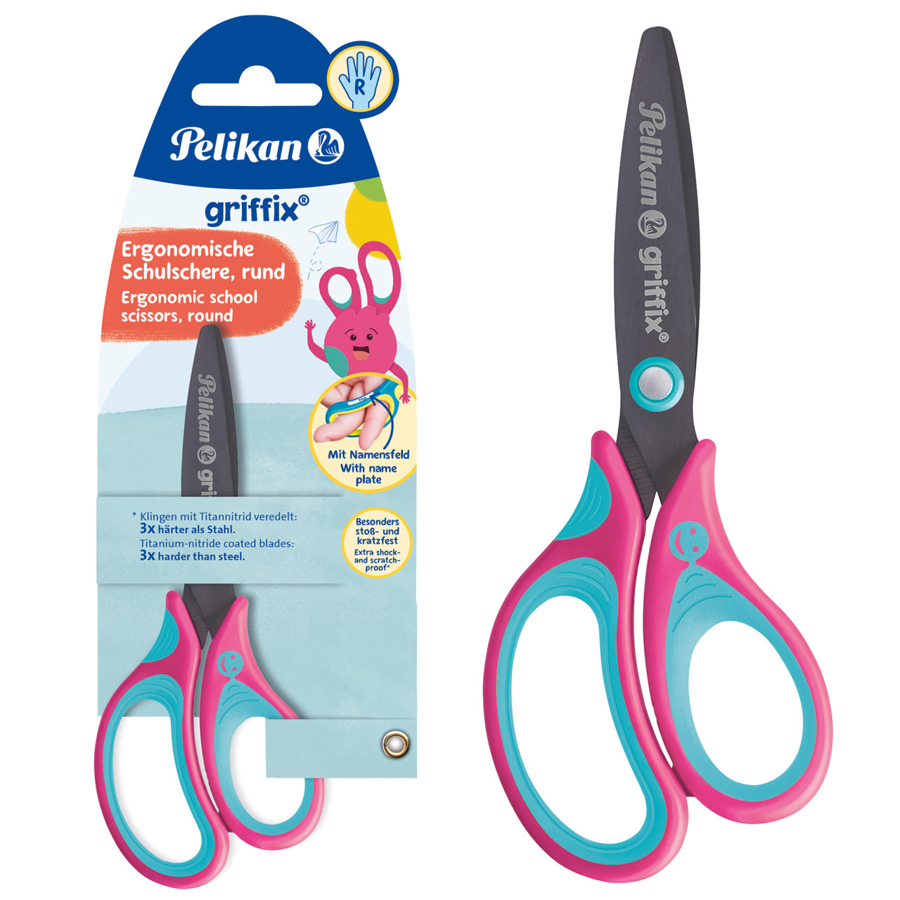 Bild zeigt die Pelikan Griffix Schulschere für Rechtshänder rund in der Farbe Lovely Pink 819114