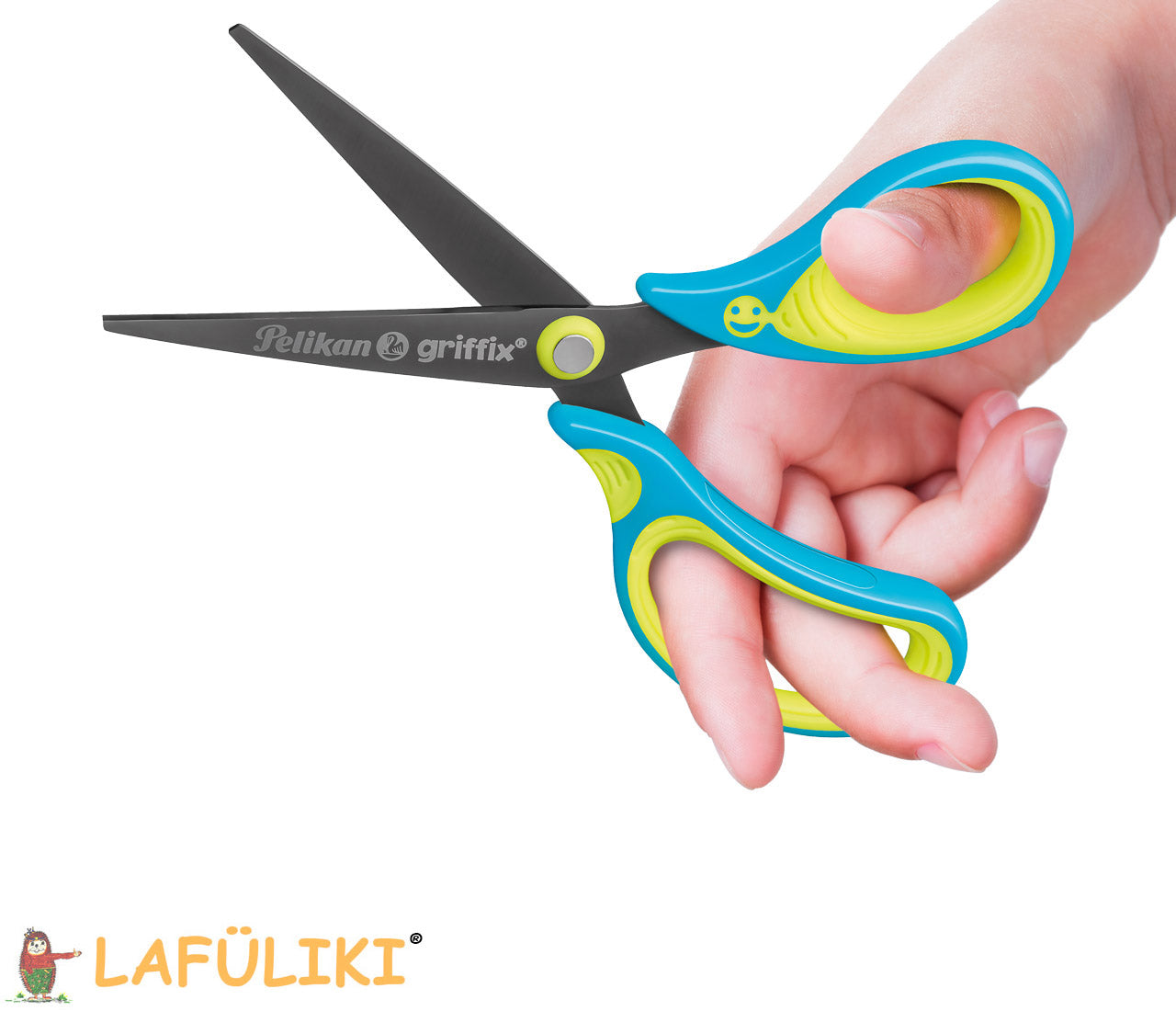 Pelikan-Griffix-schul-schere-Spitz-Rechtshaender-gruen-blau-offen-lafueliki